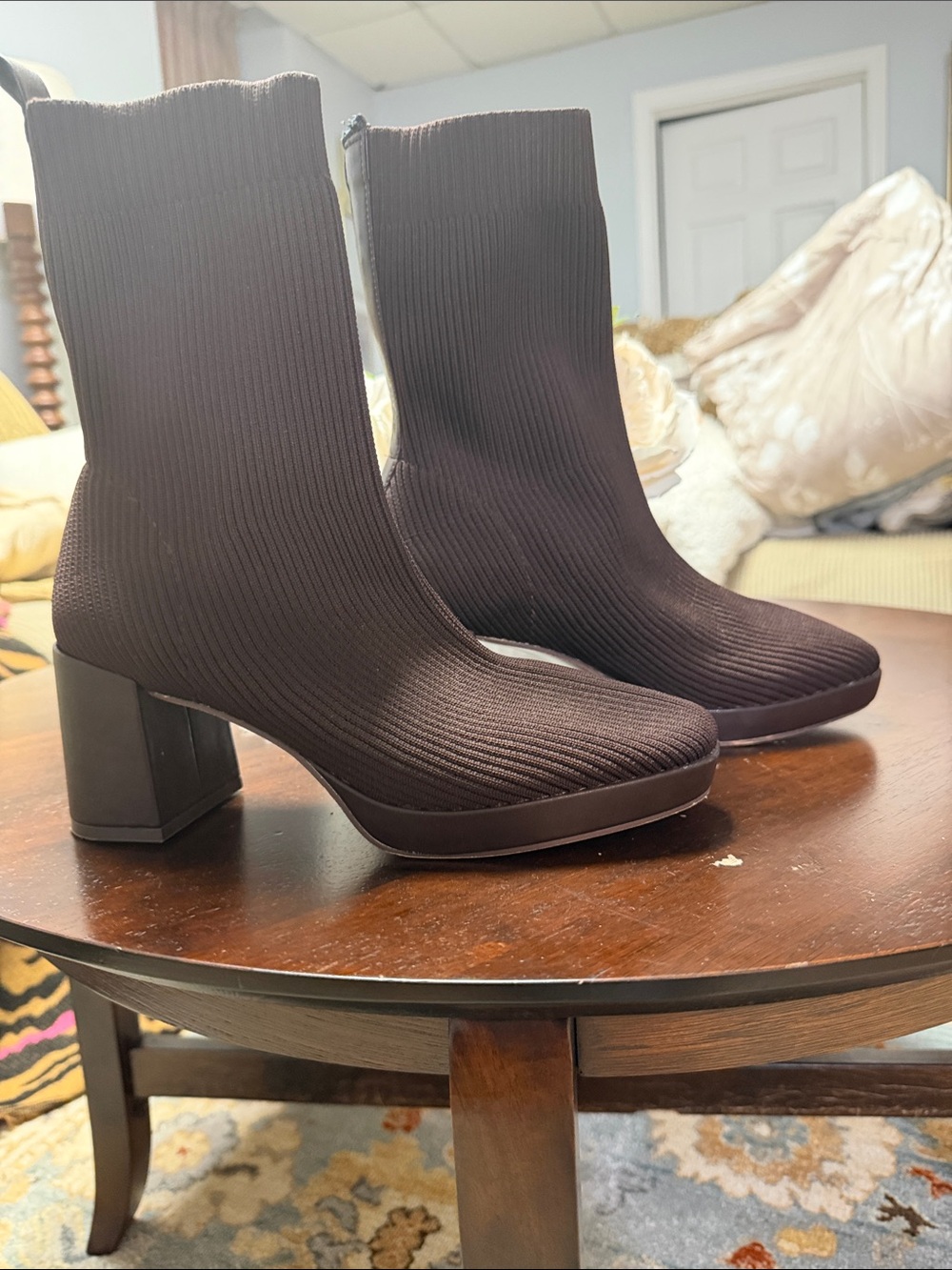 Women’s Black Knit Block Heel Ankle Boots